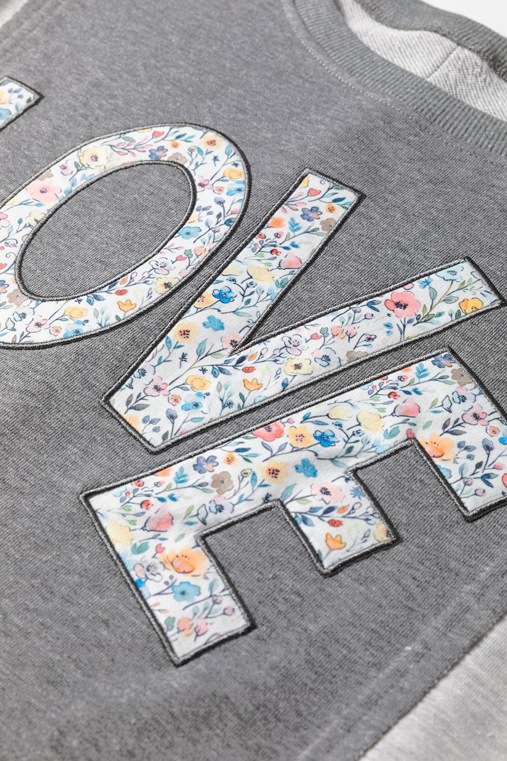 Dark Grey Floral Patchwork LOVE Graphic Sweatshirt | Uneven Hem