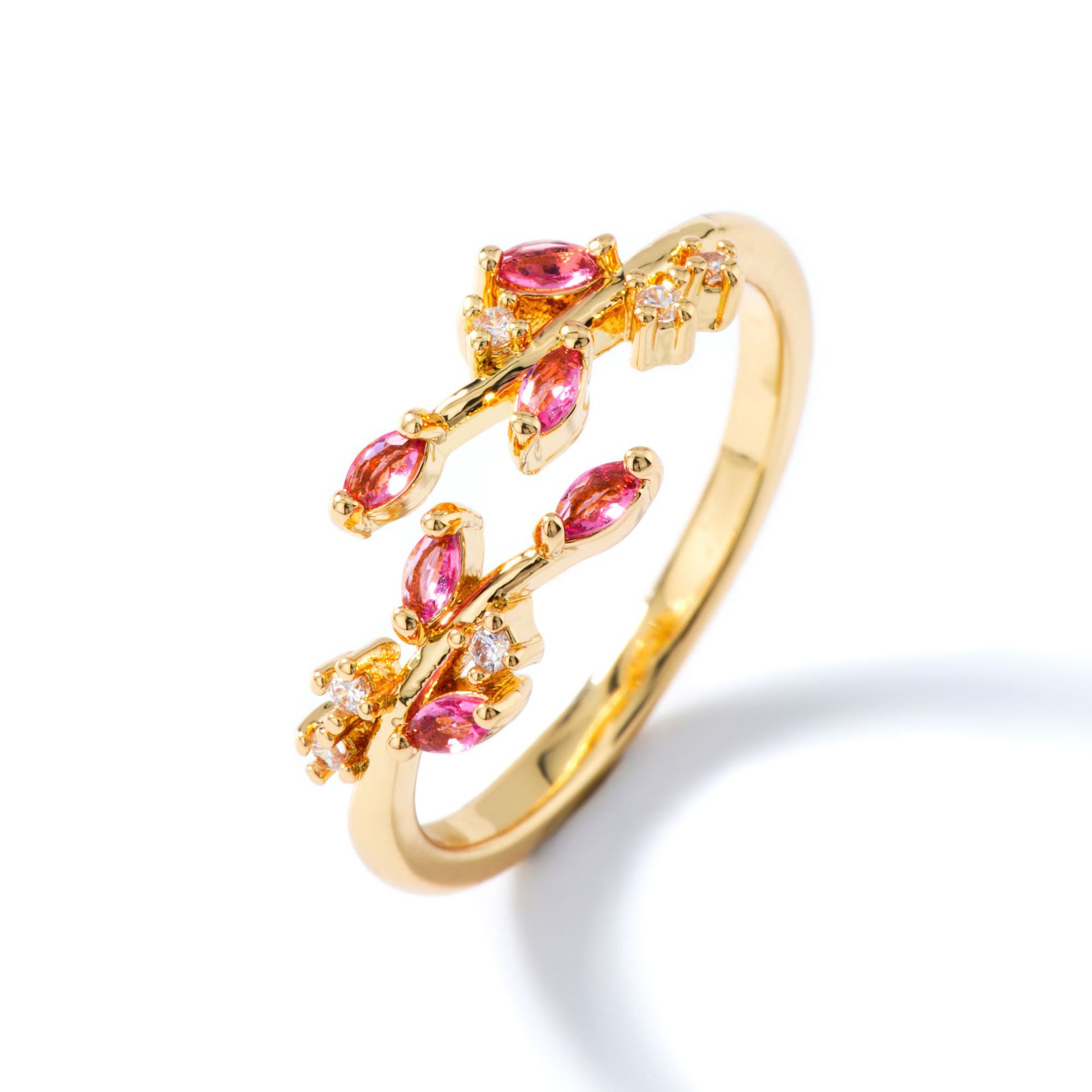 Bohemian Leaf Ring with Zircon Inlay, Nature-Inspired Jewelry