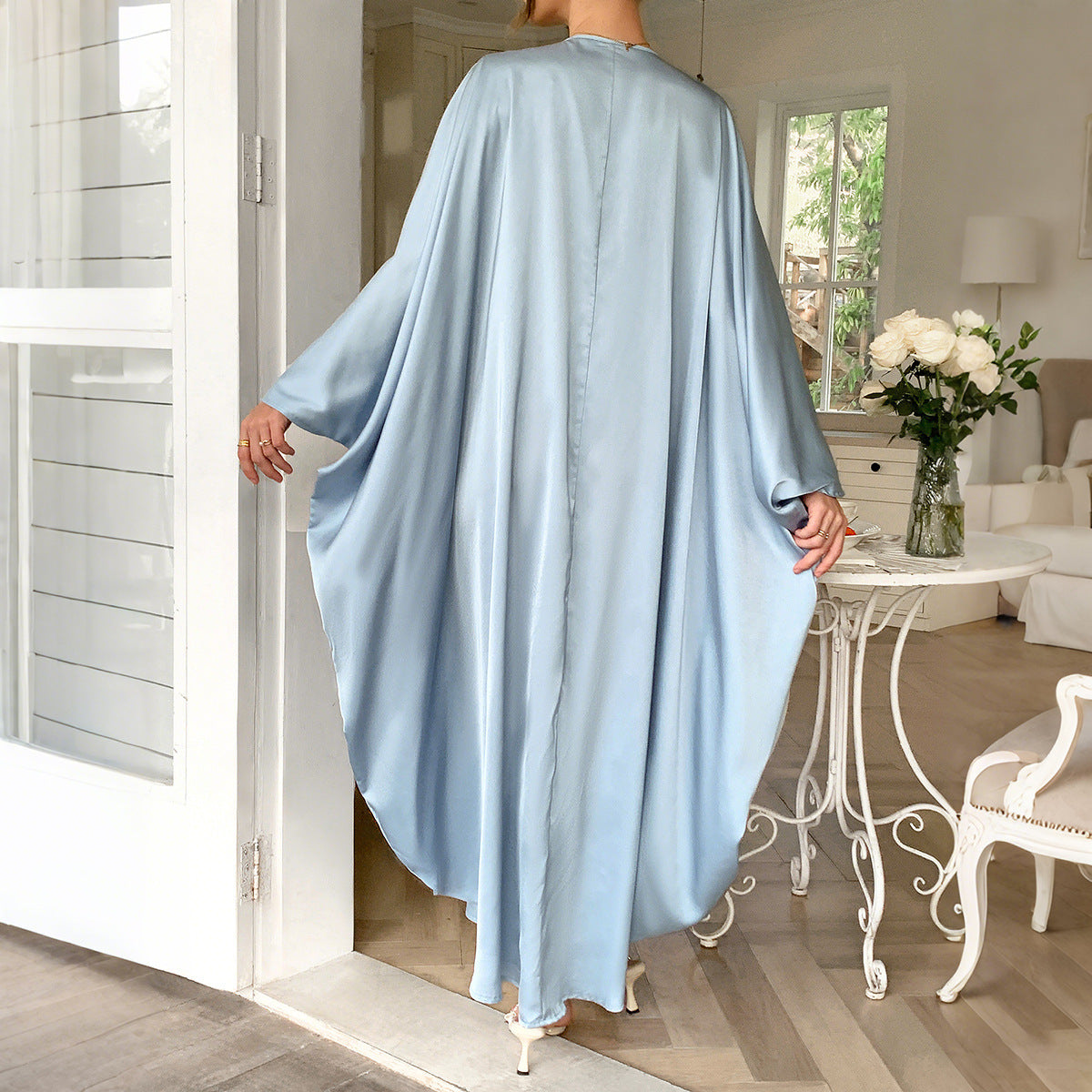 Satin Long Sleeve Maxi Dress in Lake Blue
