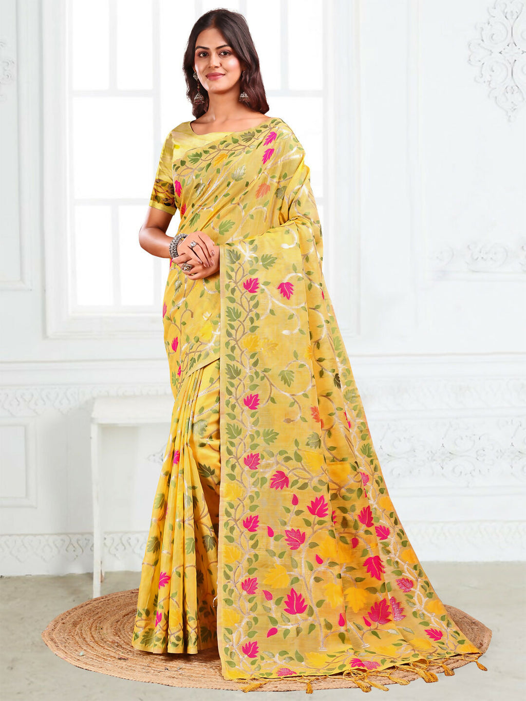 Shree Shyam Fashion Linen Cotton Yellow Saree