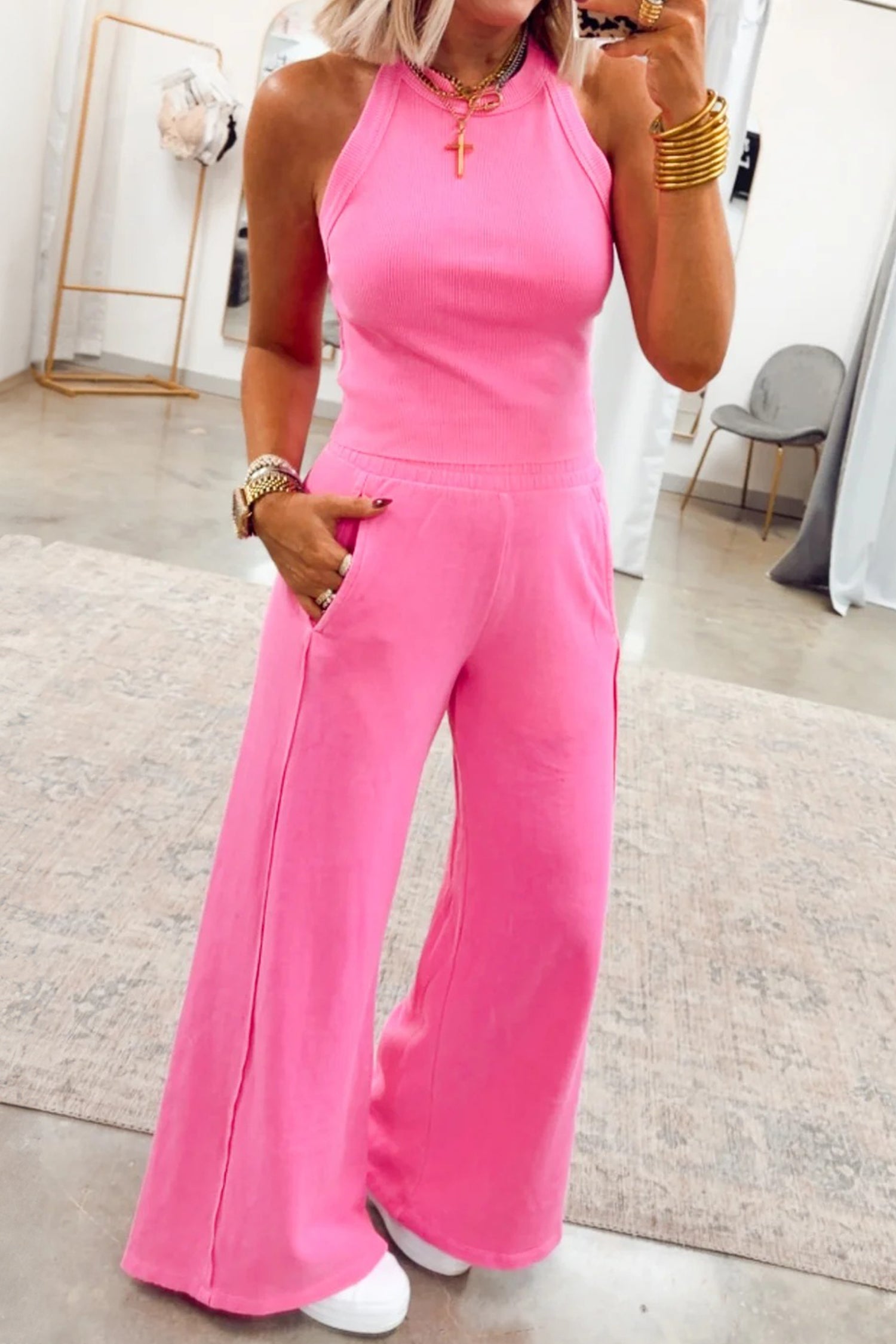 Sachet Pink Slim Ribbed Tank Top & Sweatpants Set
