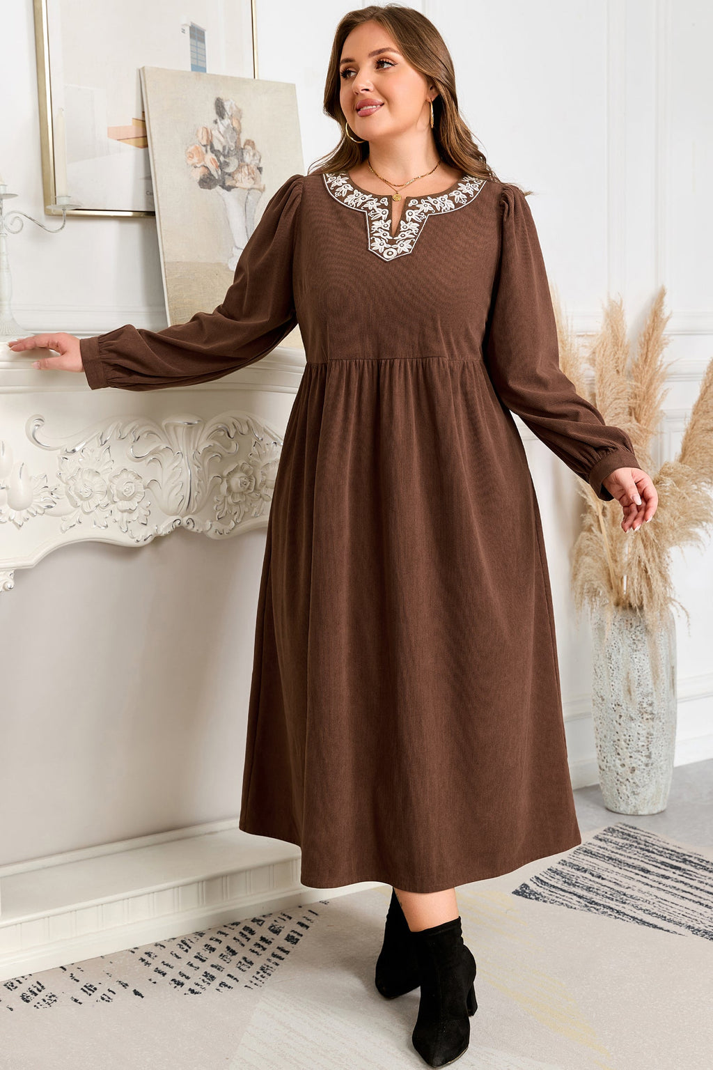 Coffee Embroidered Notched Neckline Pleated Midi Dress