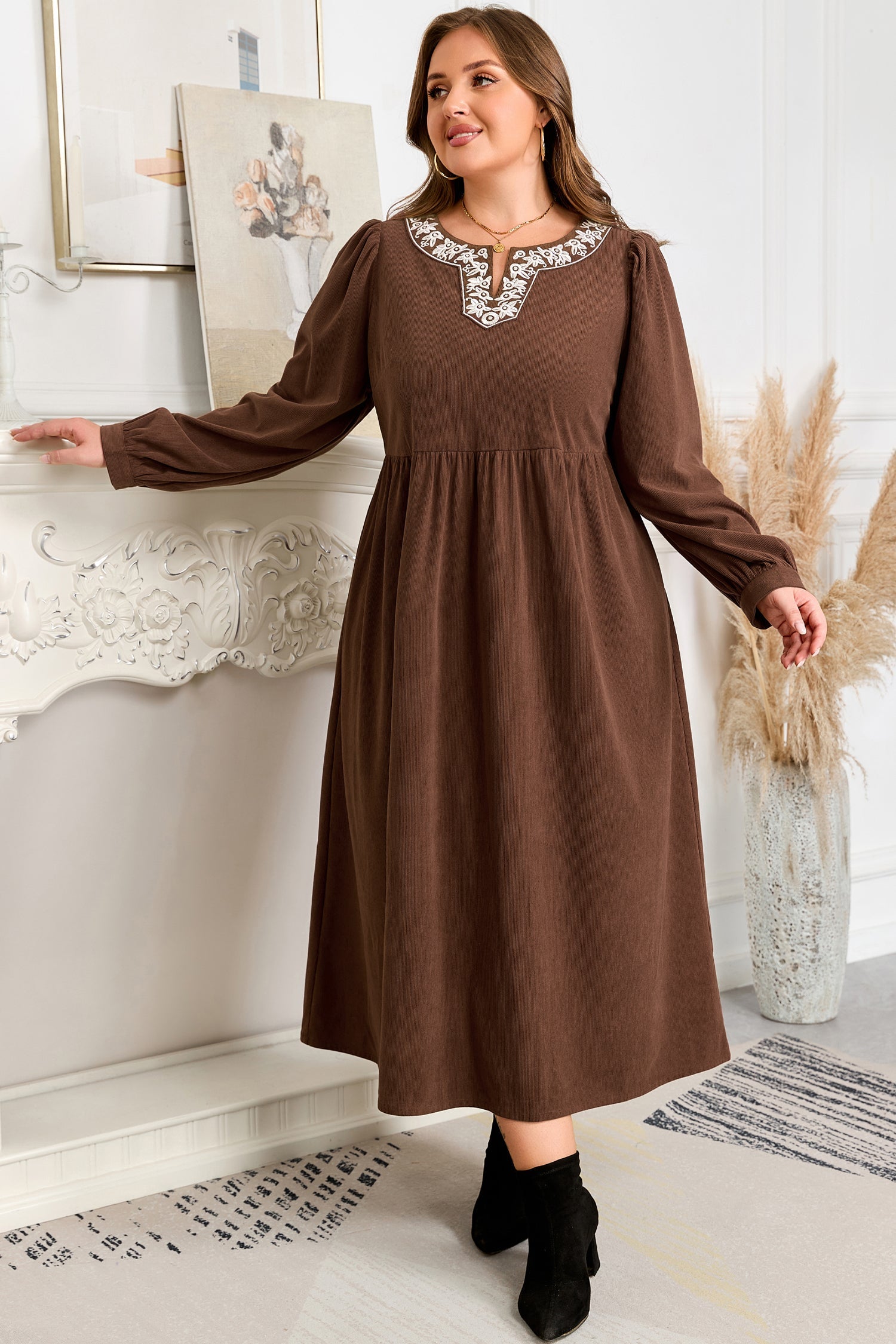 Coffee Embroidered Notched Neckline Pleated Midi Dress