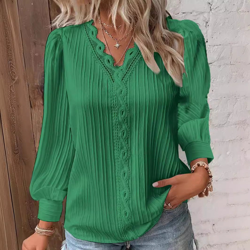 Women White Lace Trim V-Neck Blouse Long Puff Sleeve Shirt