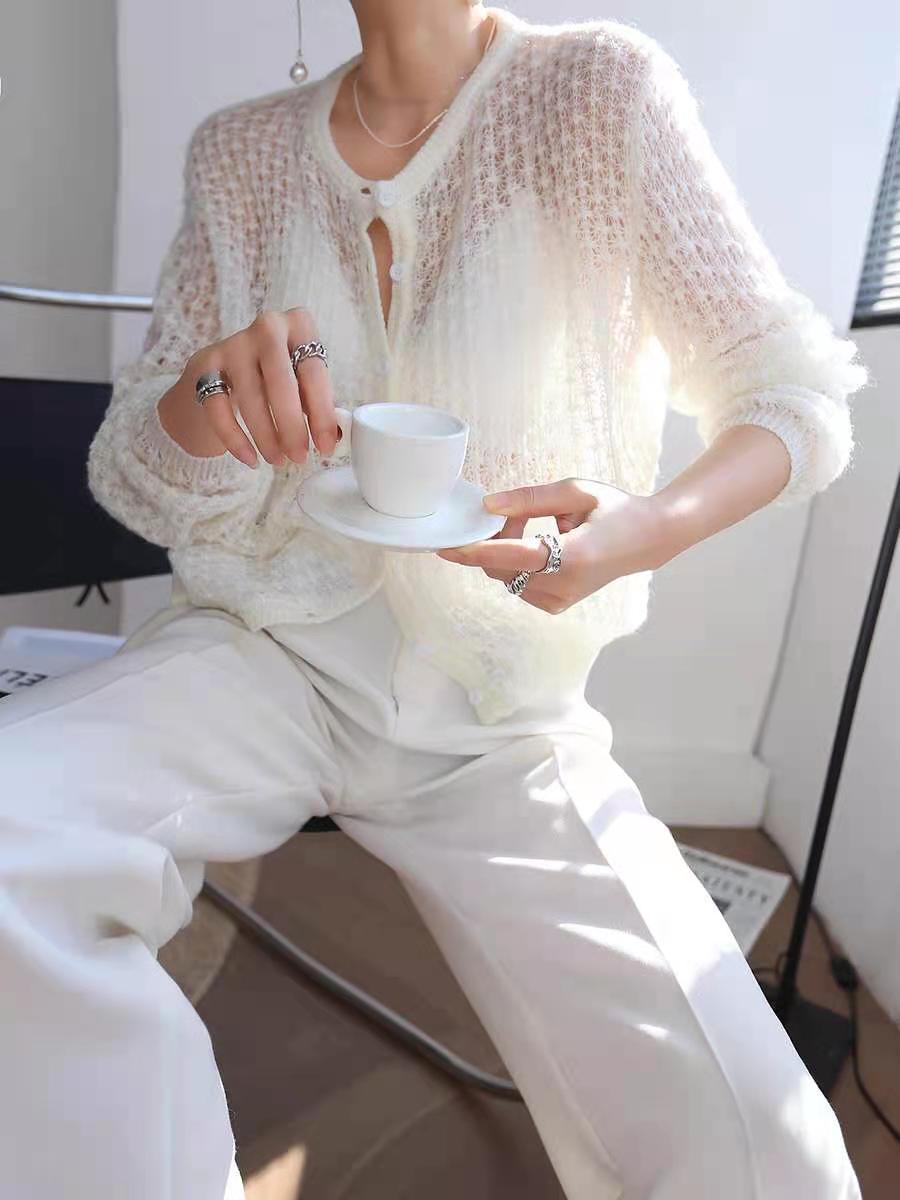 Women's White Mohair Crochet Cardigan