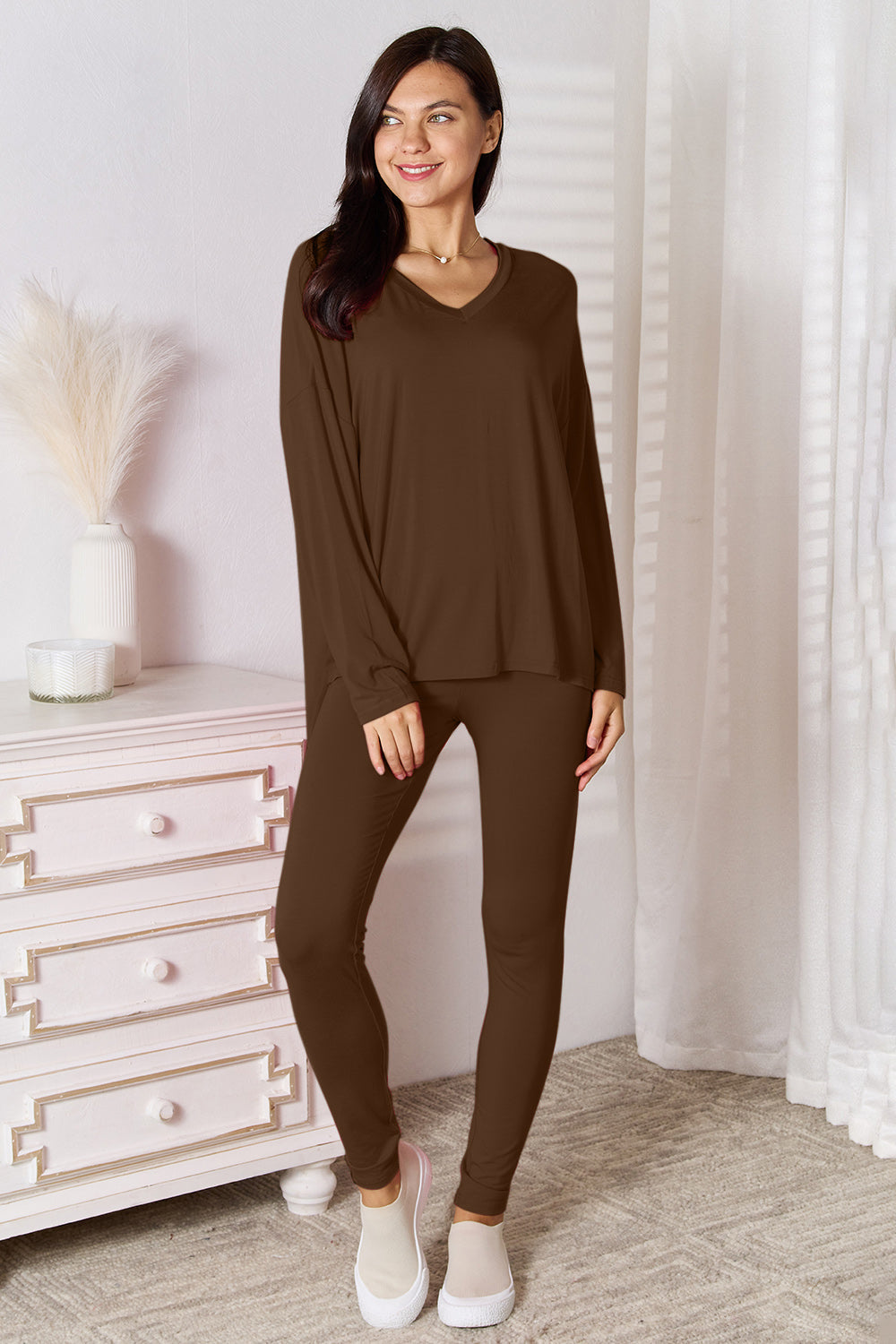 Women's V-Neck Long Sleeve Lounge Set in Soft Rayon Knit