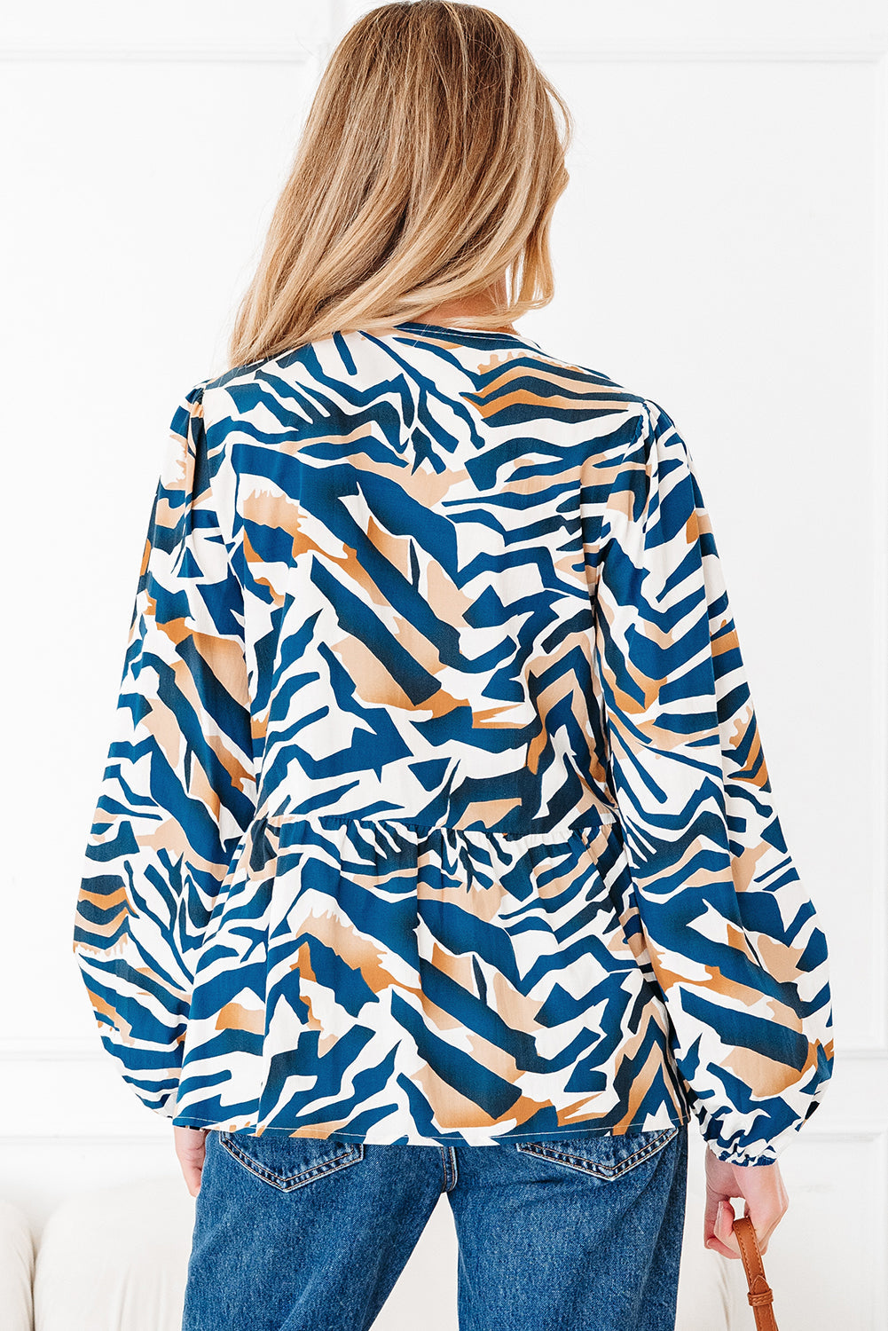Zebra Print Tie Front Puff Sleeve Blouse