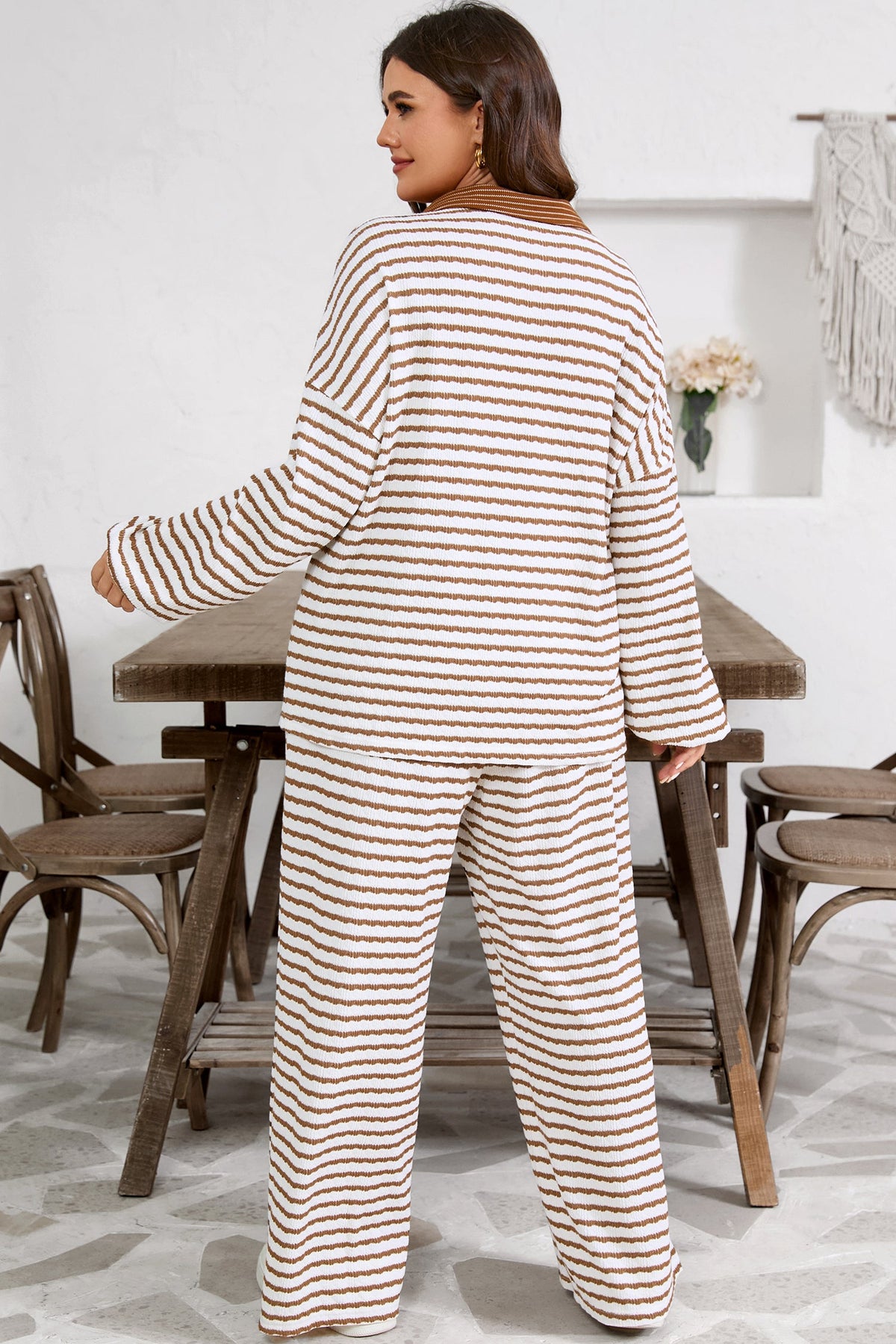 Plus Size Stripe V-Neck Pullover and Drawstring Pants Set
