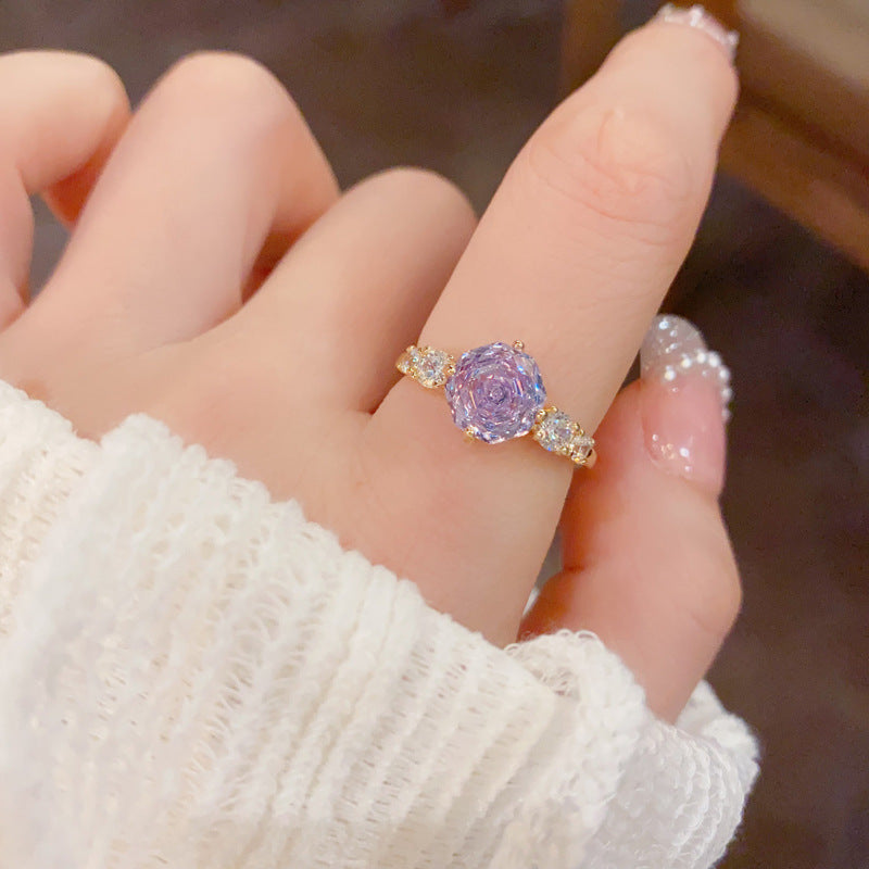Rose Ice-Flower Open Ring with Cubic Zirconia, Adjustable Gold-Plated