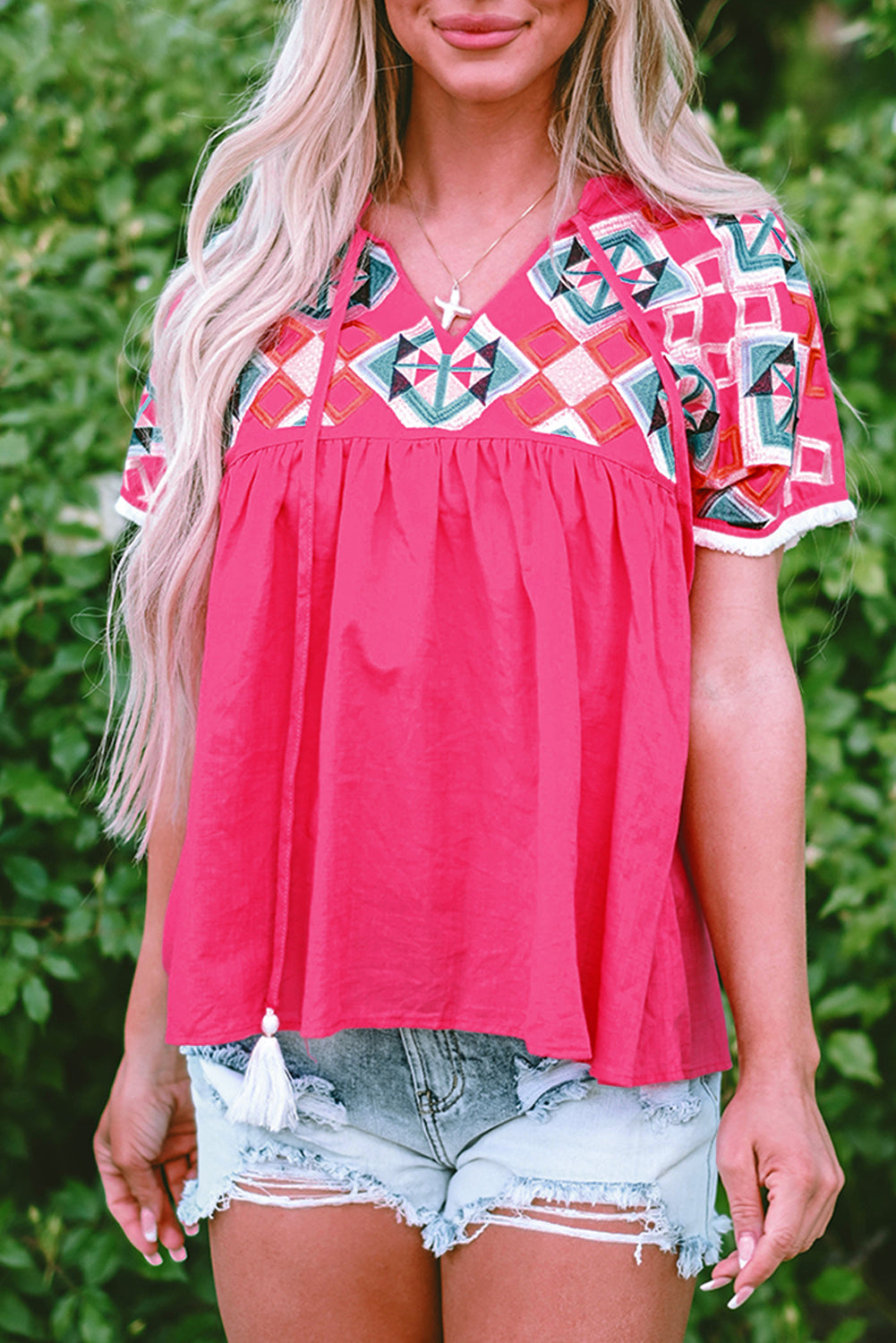 Zayla Embroidered V-Neck Blouse with Tassel Tie Detail
