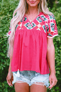 Zayla Embroidered V-Neck Blouse with Tassel Tie Detail