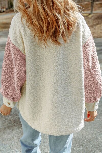 Women's Retro Sherpa Color Block Jacket with Collared Neck