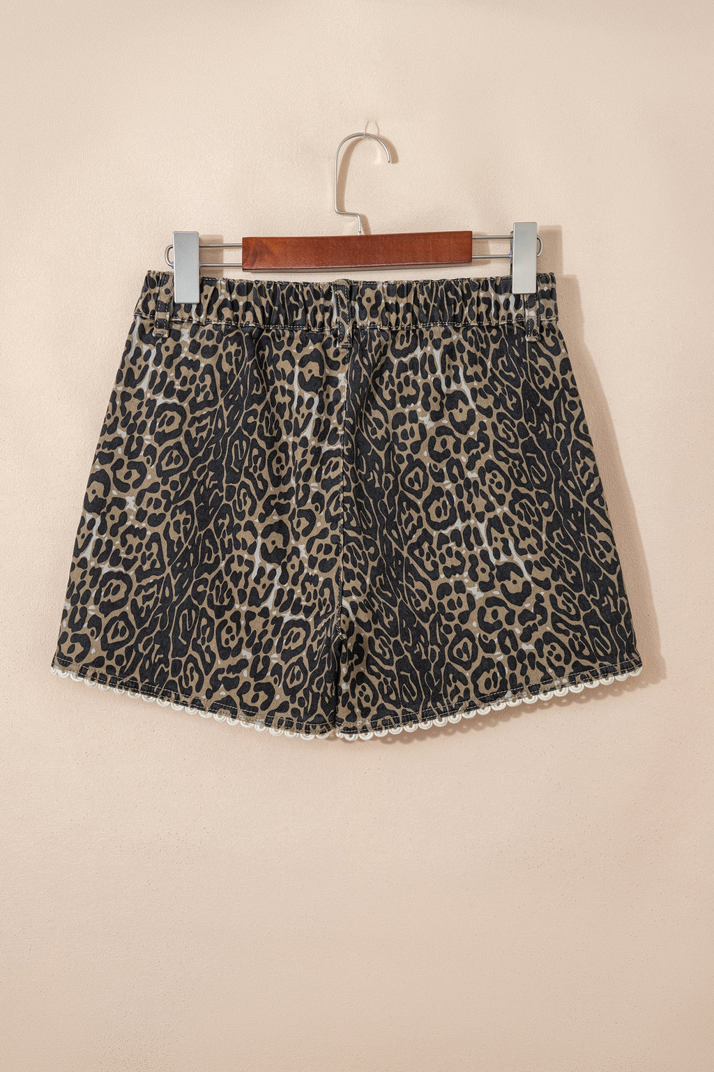 Leopard Contrast Scallop Lace Trim Denim Shorts