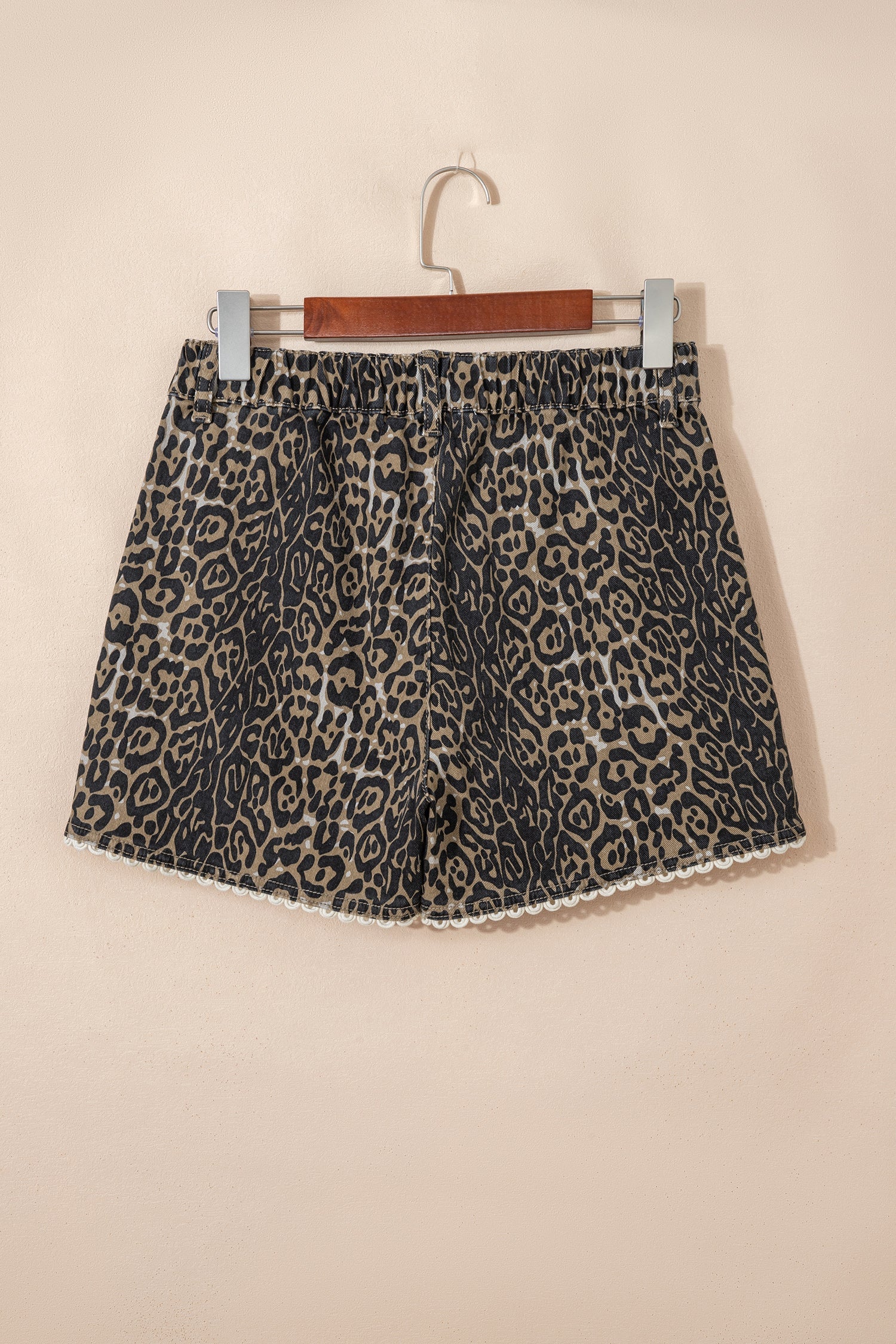 Women's Leopard Print Denim Shorts with Scalloped Lace Trim