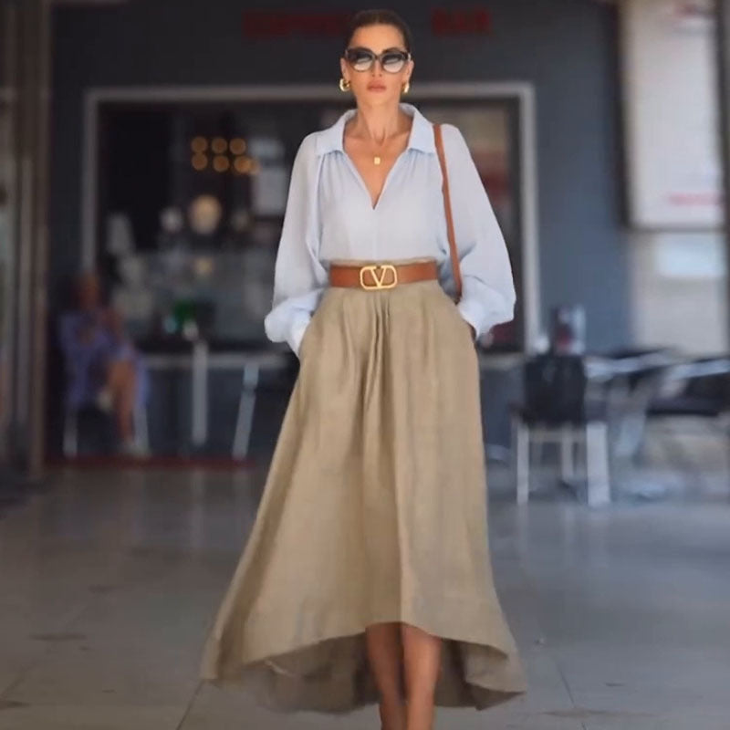 Minimalist A-Line Middle Length Skirt in Light Khaki
