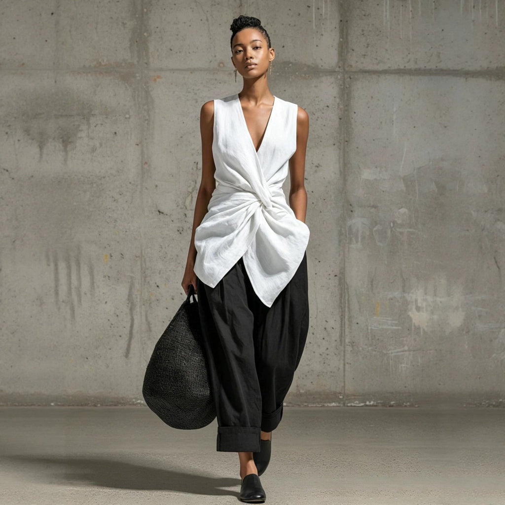 Women's Tie-Front V-Neck Sleeveless Top and Wide-Leg Pants Set - Image 4