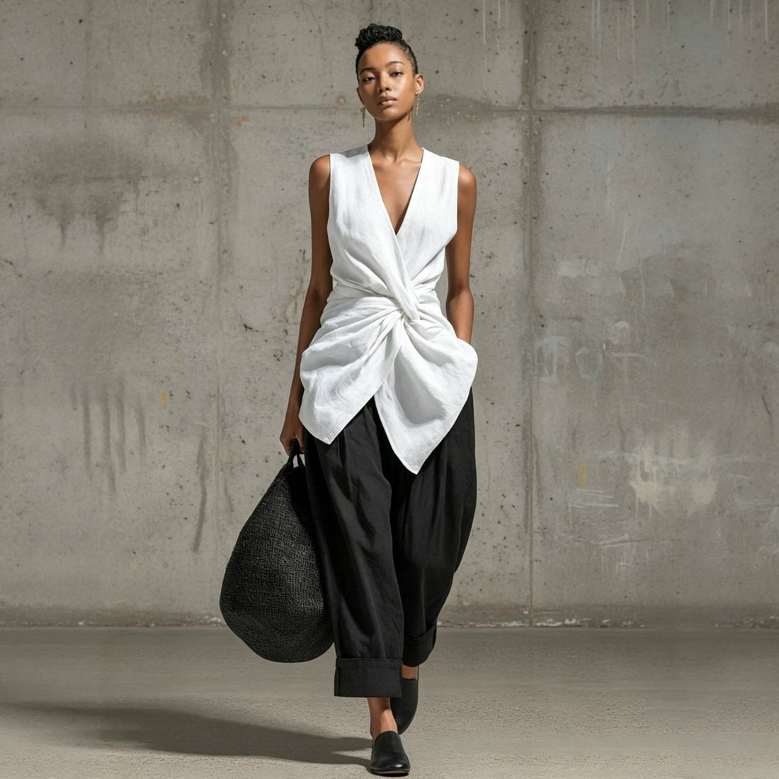 Women's Tie-Front V-Neck Sleeveless Top and Wide-Leg Pants Set - Image 4