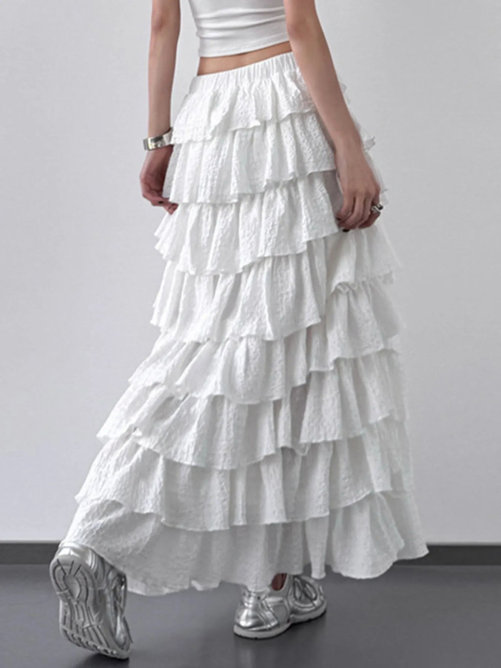 White Ruffle Layered Maxi Skirt Bohemian Tiered Skirt - Image 2