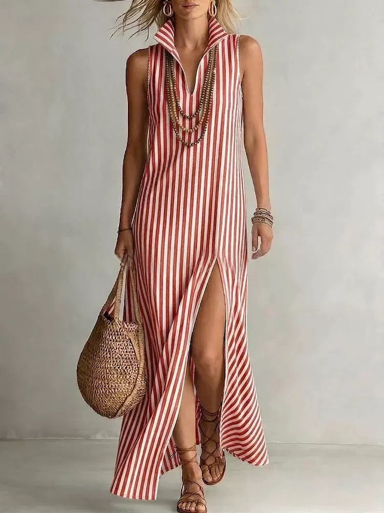 Striped Stand Collar Sleeveless Maxi Dress with Side Slit - Image 6