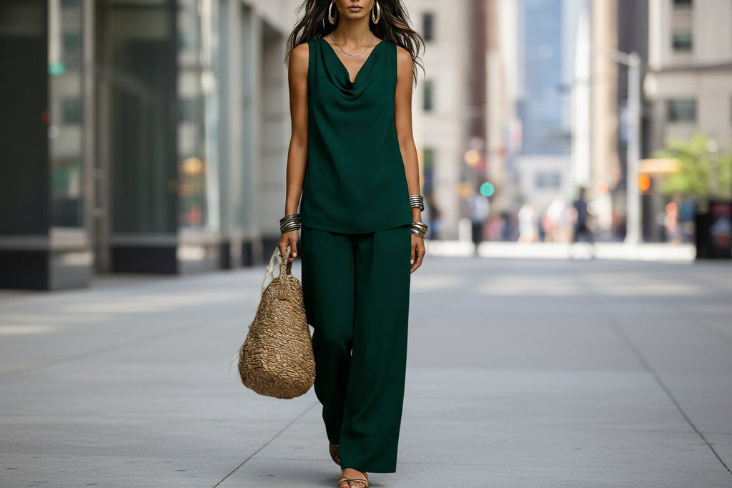 Women's Cowl Neck Sleeveless Tank and Wide Leg Pant Set - Image 4