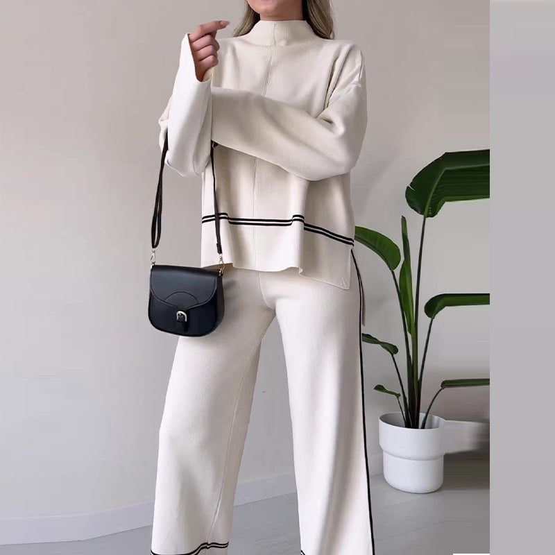 Women Solid Color Casual Knit Two-Piece Set Loose Top Bootcut - Image 12