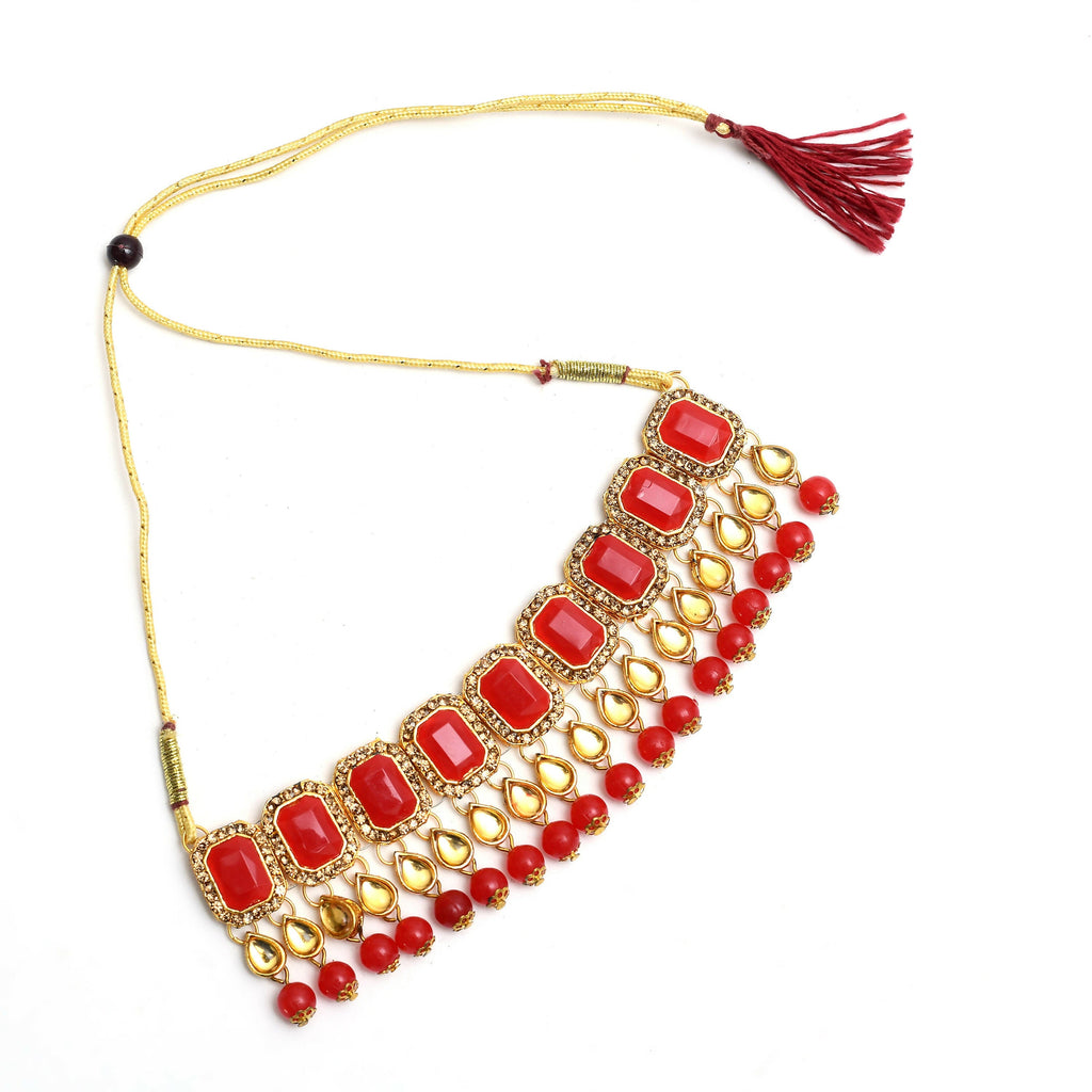 Kundan and Pearl Gold-Polished Brass Statement Choker (Red)