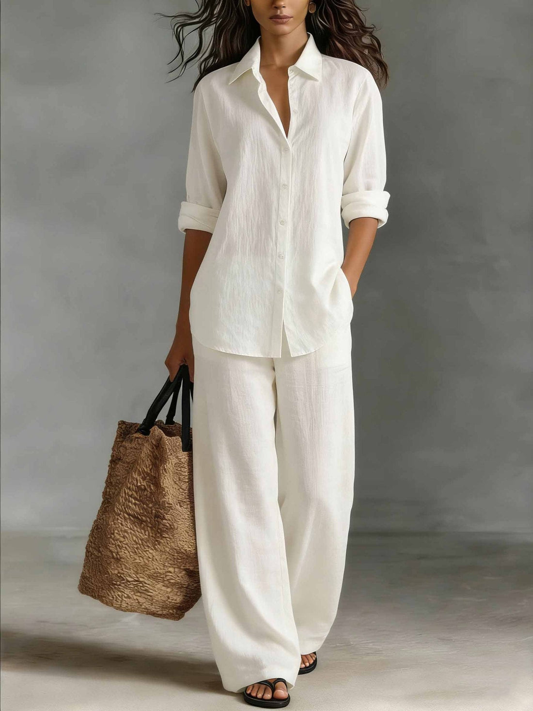 Women's Bohemian Cotton-Linen Button-Down Top and Pant Set - Image 7