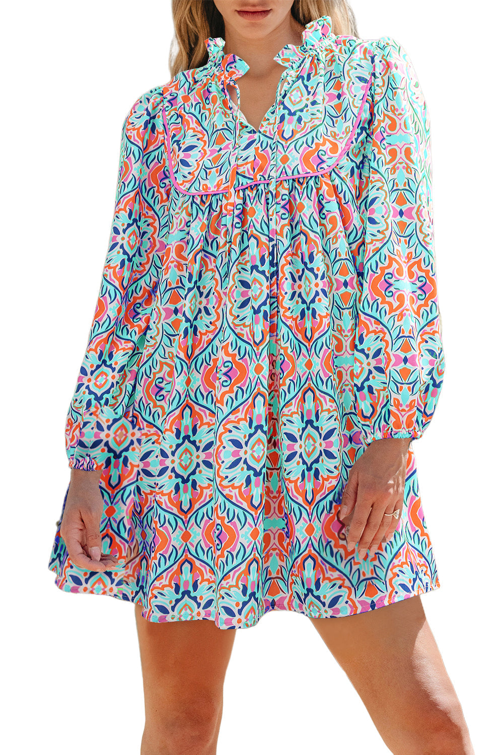 Sky Blue Abstract Printed Long Sleeve Mini Dress | Tied Neckline