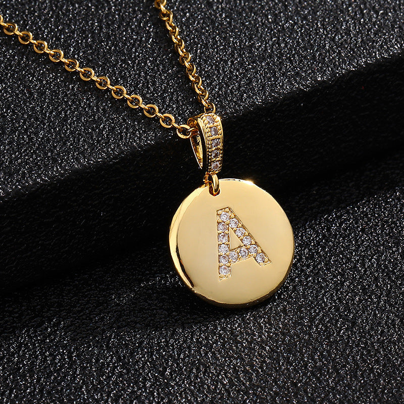 Gold Plated Zircon Initial Disc Necklace Personalized Pendant