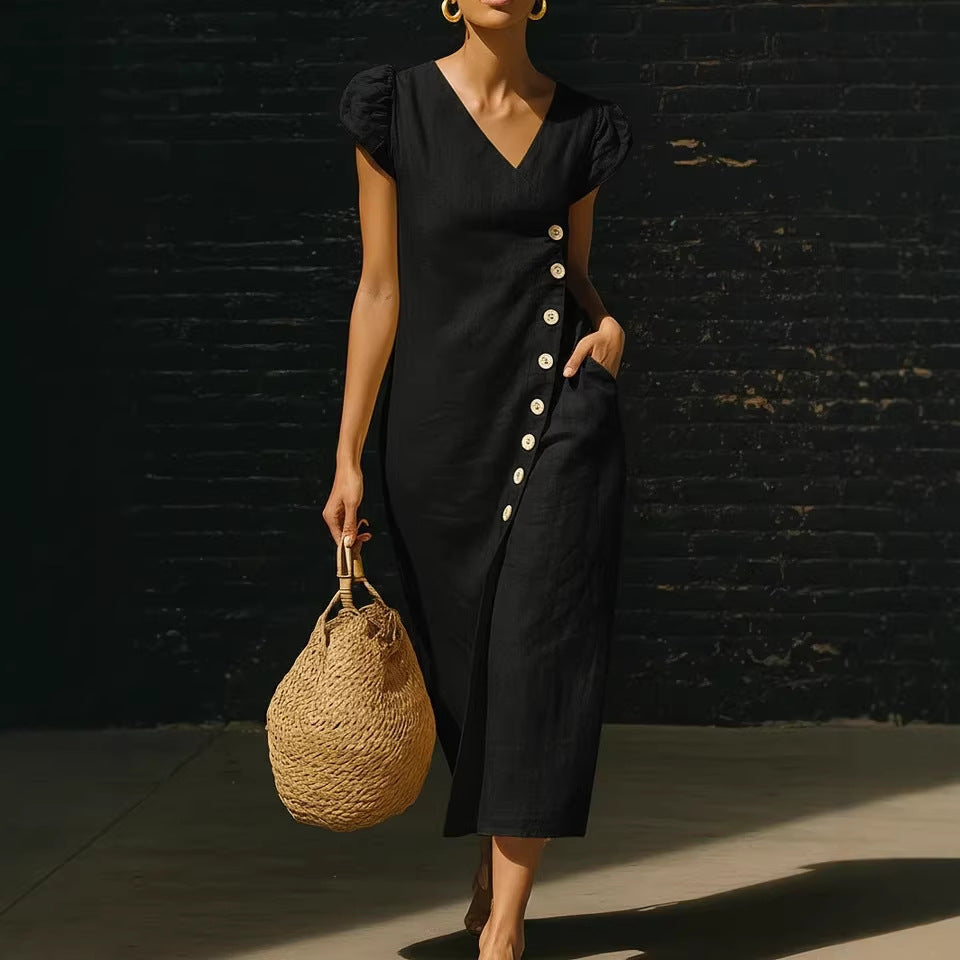 Women's V-Neck Short Sleeve Midi Dress with Button Detail - Image 4