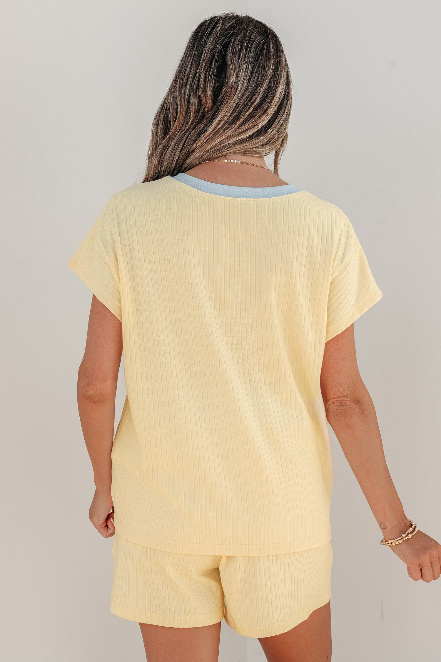 Sunny Trim Casual Short Set: Ribbed Knit Loungewear Outfit