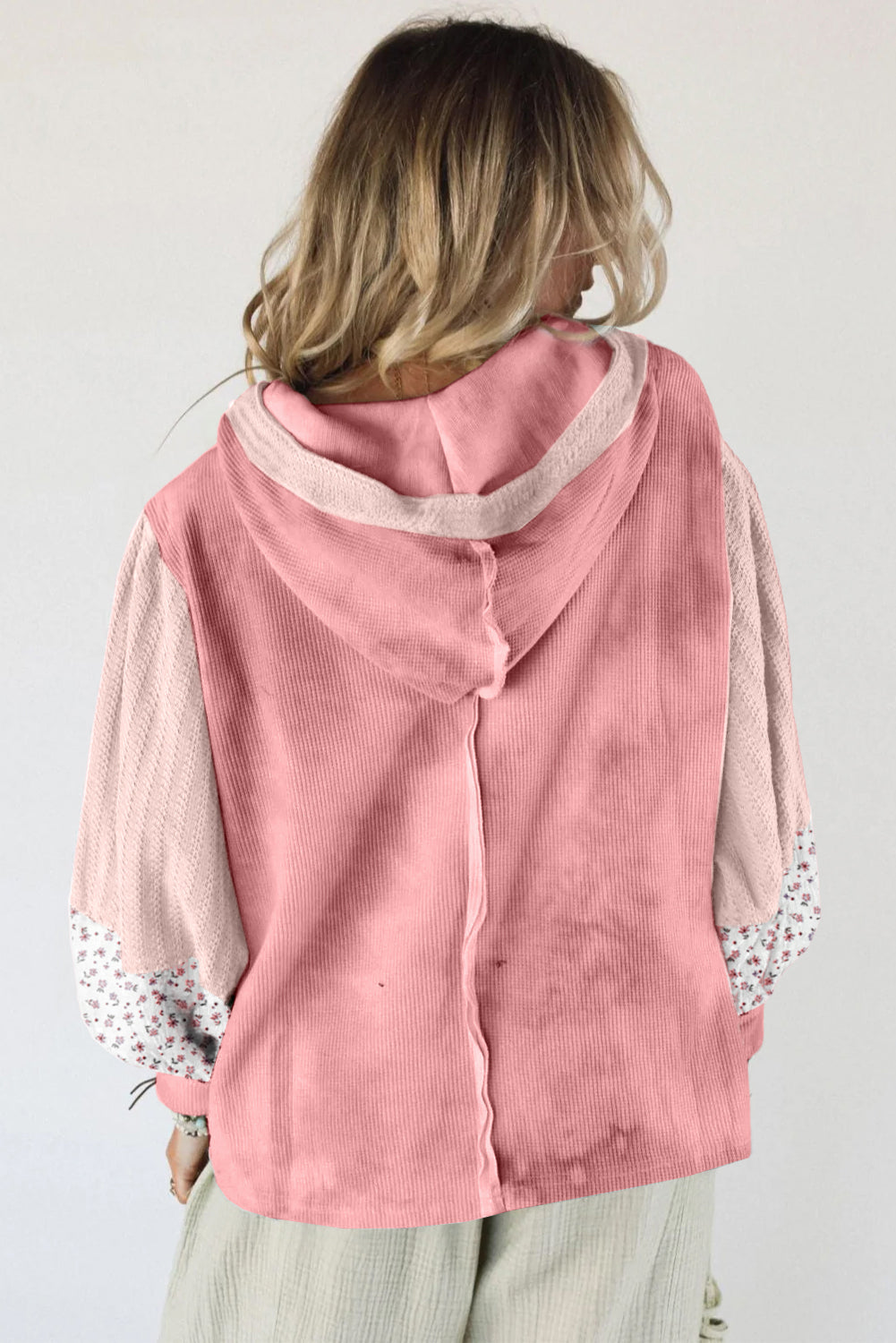 Beige Floral Textured Colorblock Patchwork Bishop Sleeve Hooded Top