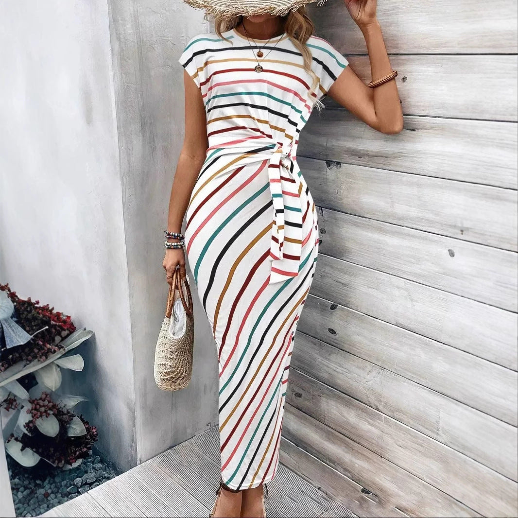 Striped Round Neck Short Sleeve Dress with Adjustable Waist Strap