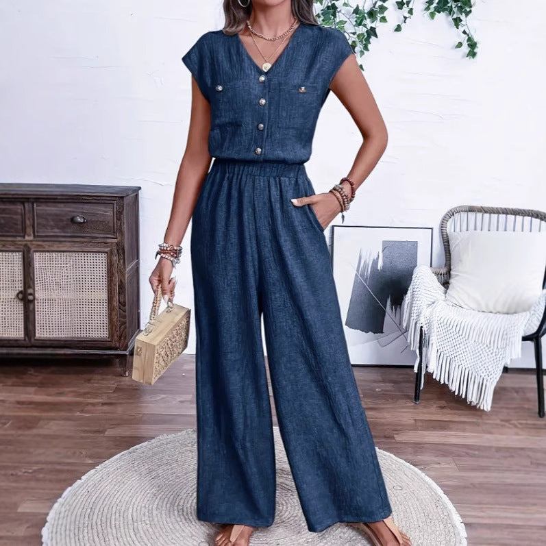 Navy Blue V-Neck Jumpsuit with Buttons & Elastic Waist