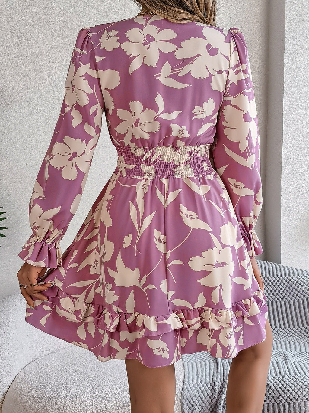 Floral Ruffled Long Sleeve Midi Dress in Lilac Maroon Green Cream