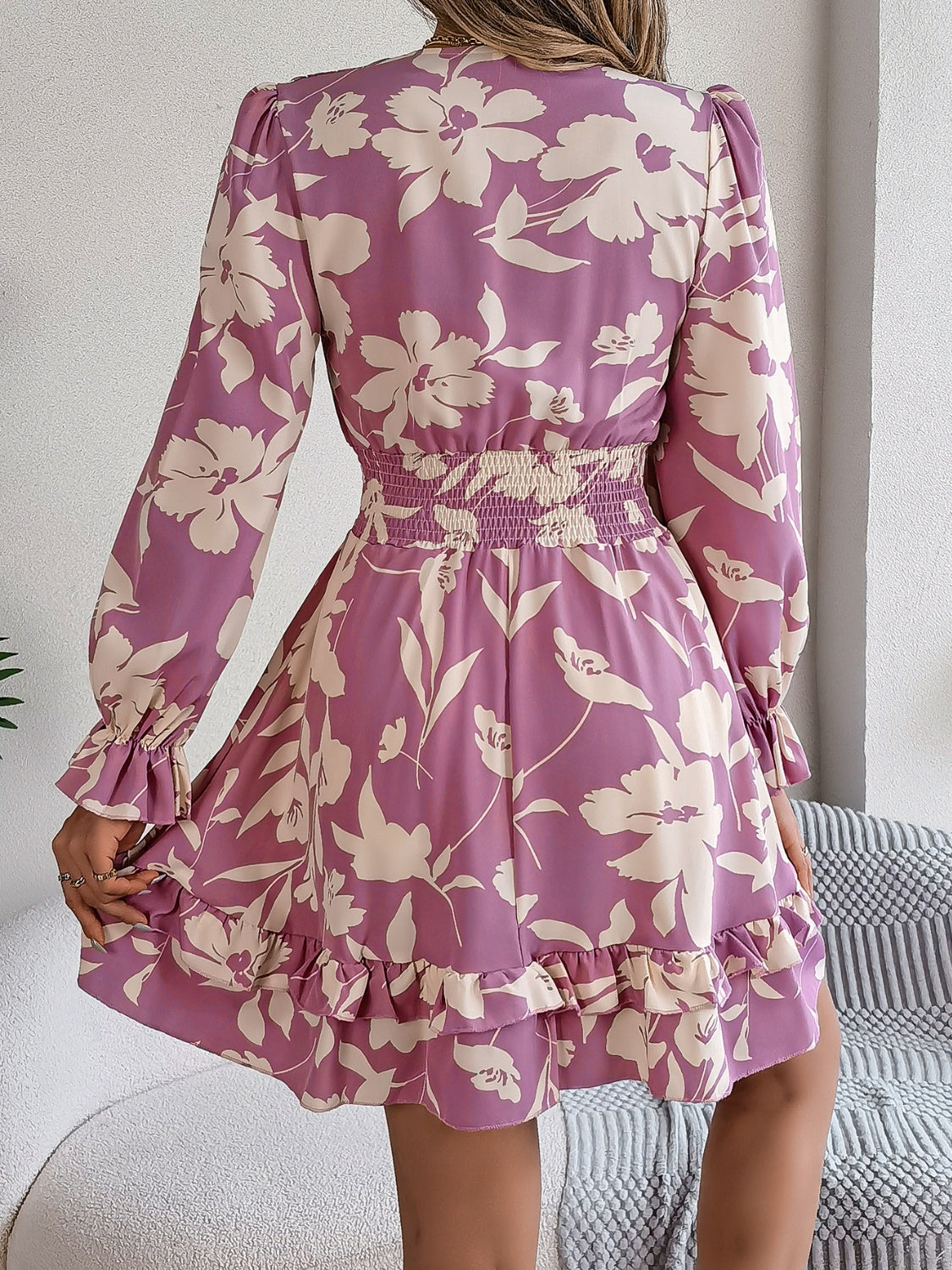 Floral Ruffled Long Sleeve Midi Dress in Lilac Maroon Green Cream