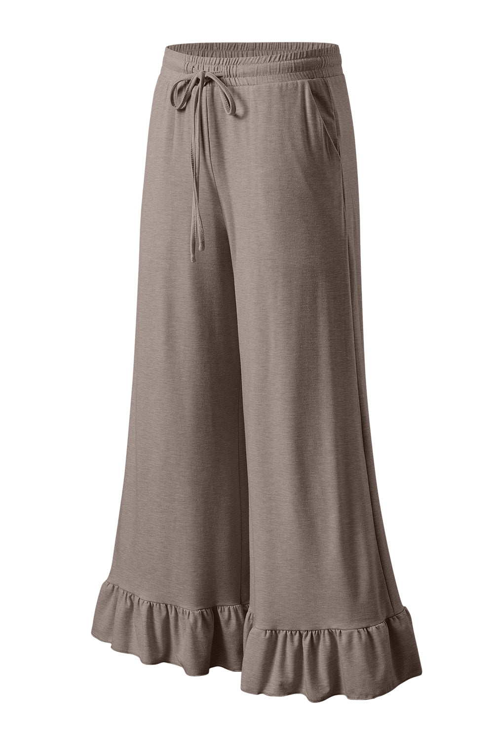 Women’s Wide Leg Knit Pants with Ruffle Hem - Relaxed Bohemian Style