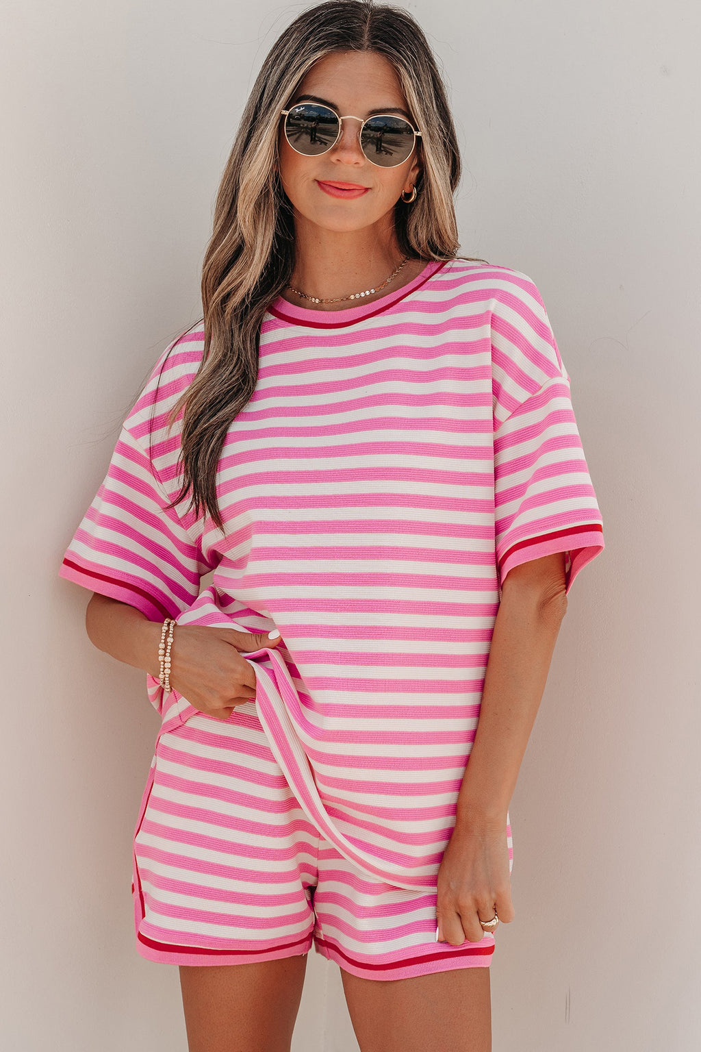 Matilda Trim Short Sleeve Set in bright pink and white stripes with red trim accents