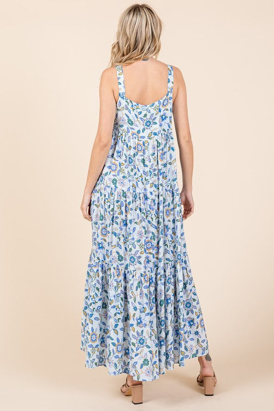 Floral Print Tiered Sleeveless Empire Maxi Dress for Women