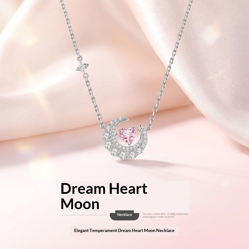 Phantom Dream Heart Moon pendant necklace with silver finish and zircon inlay on a delicate cross chain.