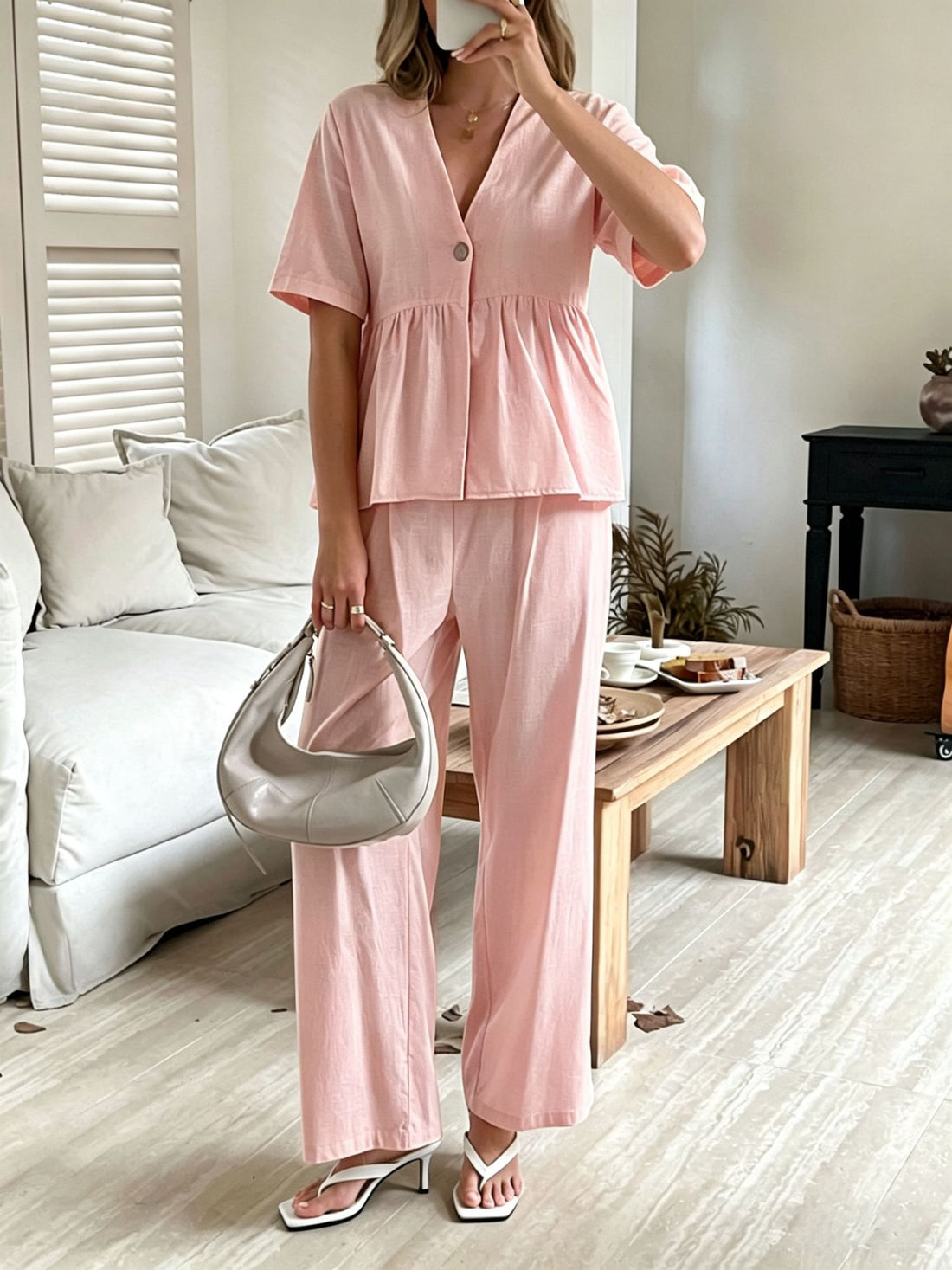 Women's V-Neck Peplum Top and Wide-Leg Pants Two Piece Set - Image 13