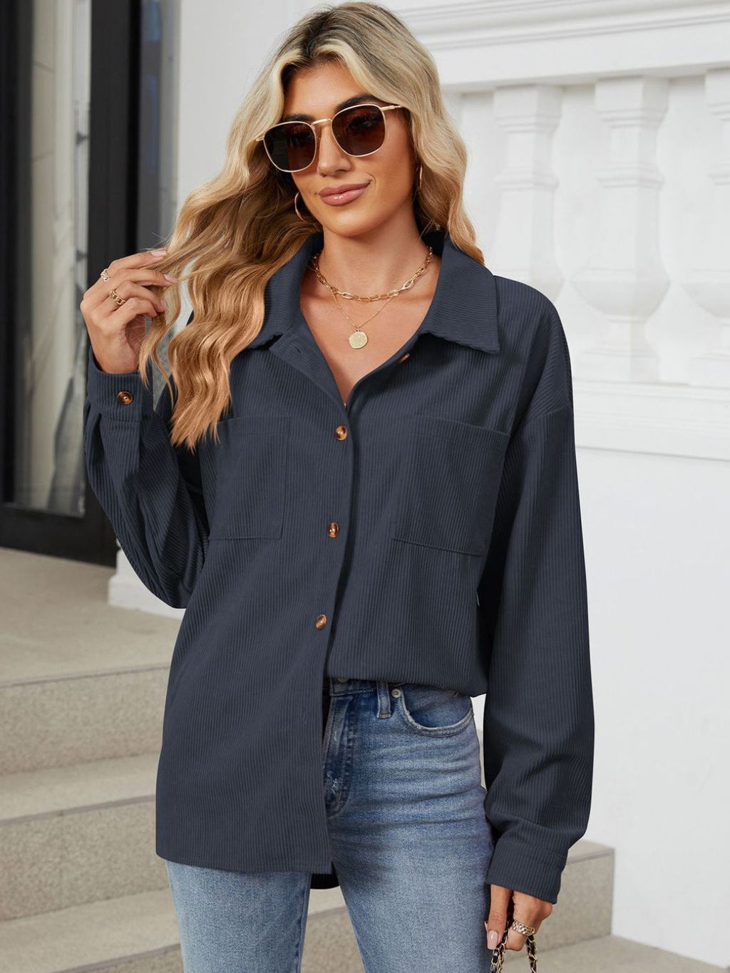 Rayon Button Up Dropped Shoulder Long Sleeve Shirt