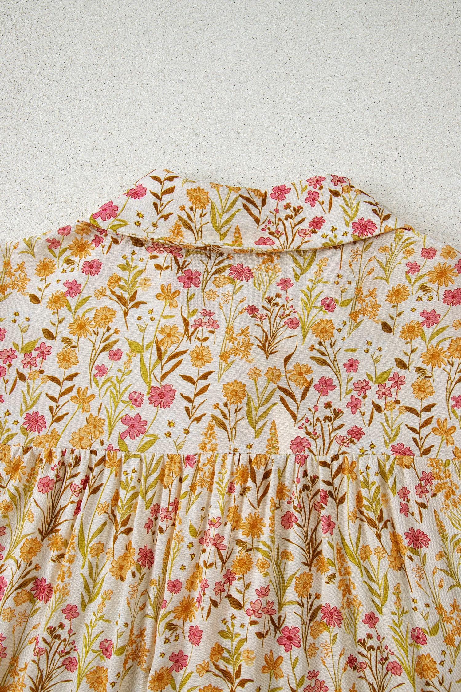 Yellow Floral Print Frilly Trim Smocked Cuff Long Sleeve Shirt Dress