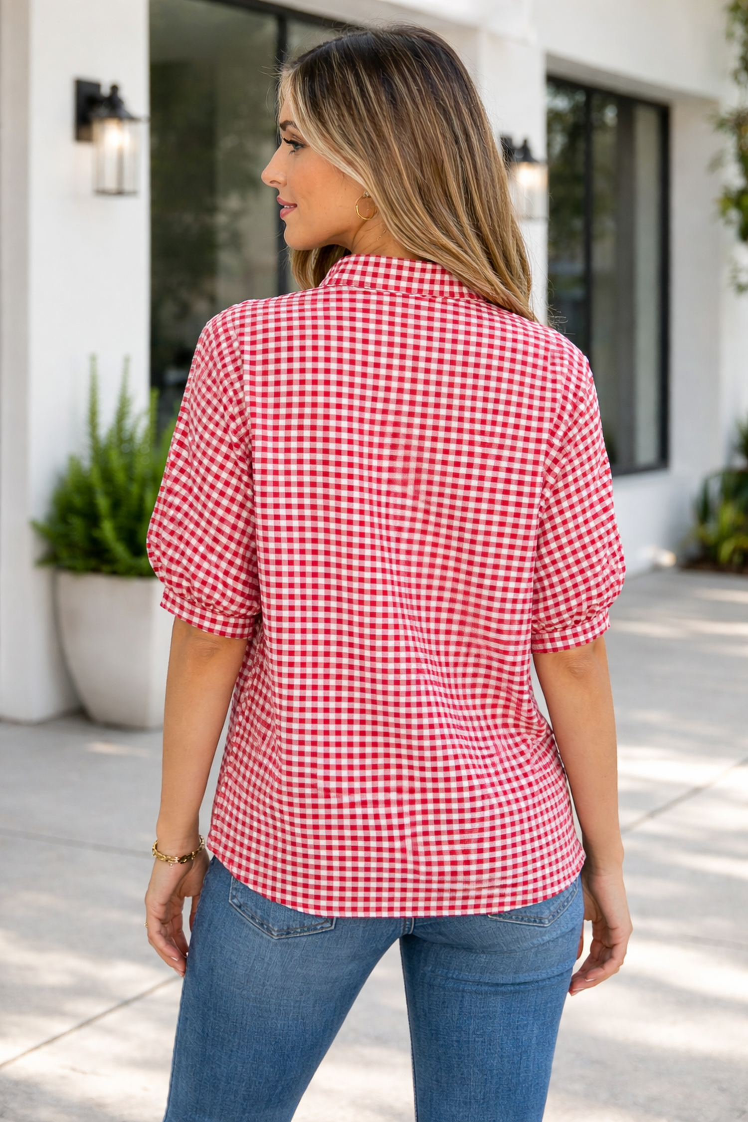 Wynter Sleeve Colorblock Trim Blouse in Red and White Plaid