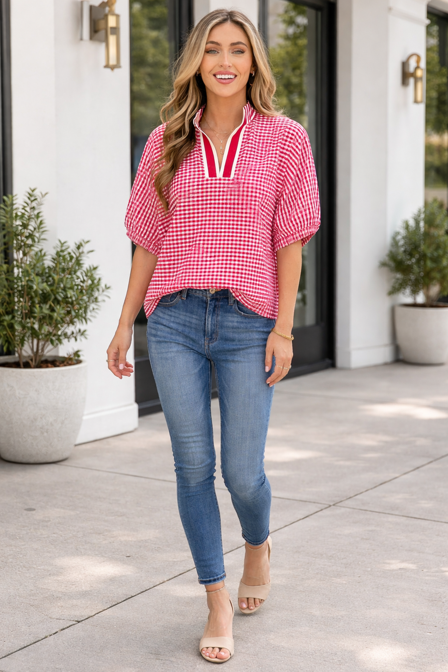 Wynter Sleeve Colorblock Trim Blouse in Red and White Plaid