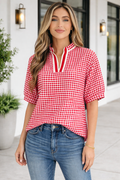 Wynter Sleeve Colorblock Trim Blouse in red and white plaid with a relaxed shift silhouette