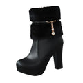 UTIKLIOU Womens Ankle Boots Platform Boots Side Zip Chunky Heel Booties with Fur Round Toe Leather Winter Boots for Women (Black Size 8)