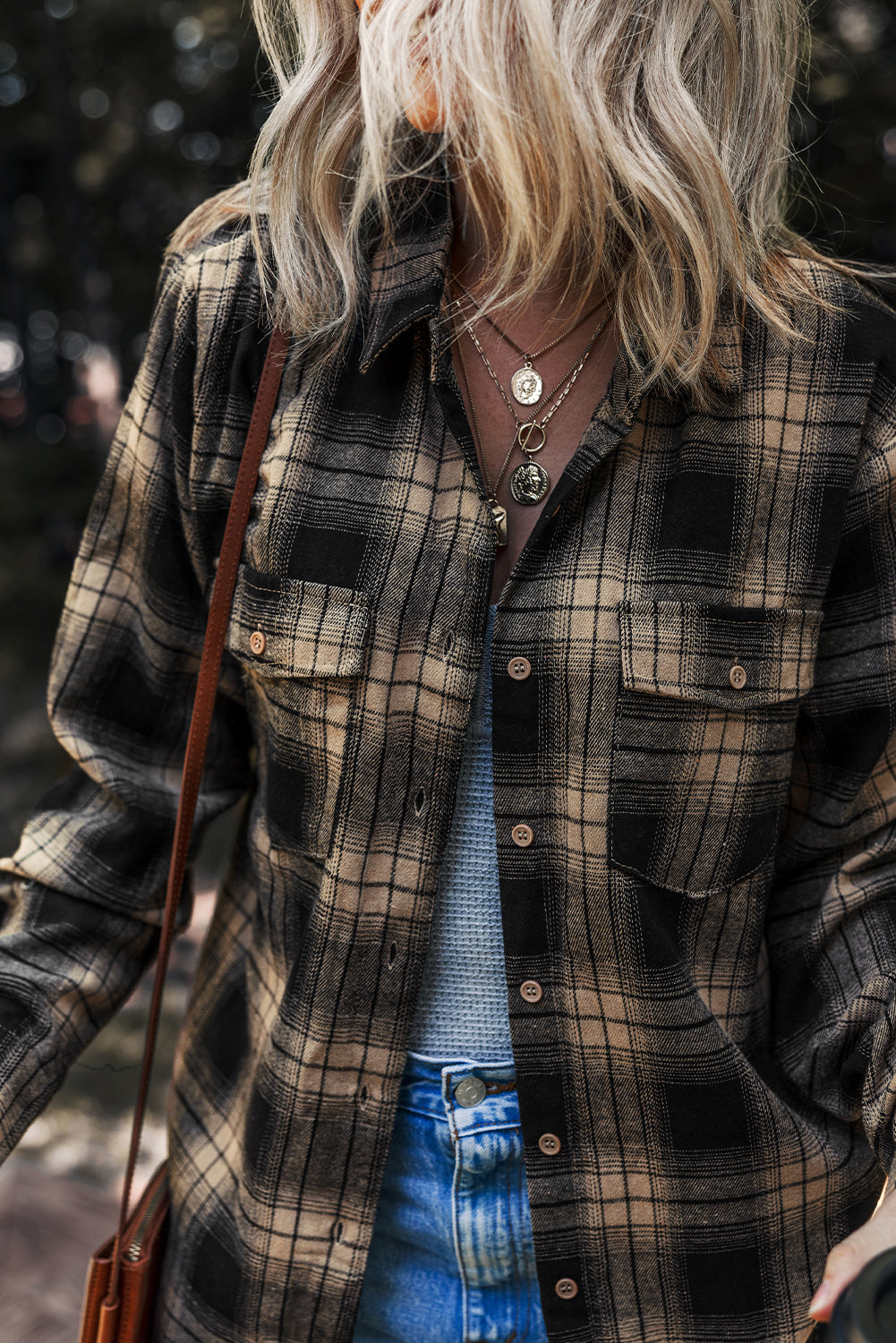 Women's Plaid Brushed Shacket in Tan and Black - Relaxed Fit