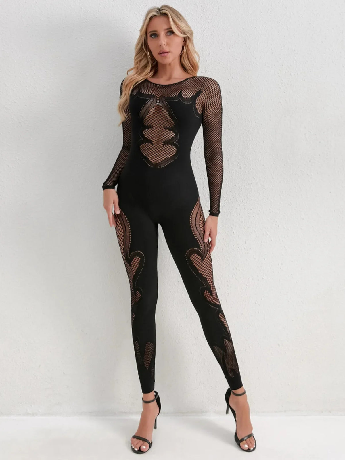 Fishing Net Sheer Long Sleeve Jumpsuit