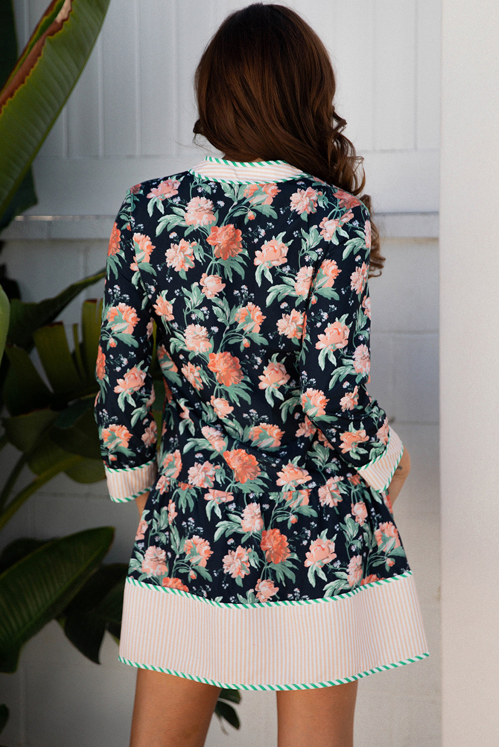 Blue Floral Striped Trim V-Neck Long Sleeve Ruffle Mini Dress